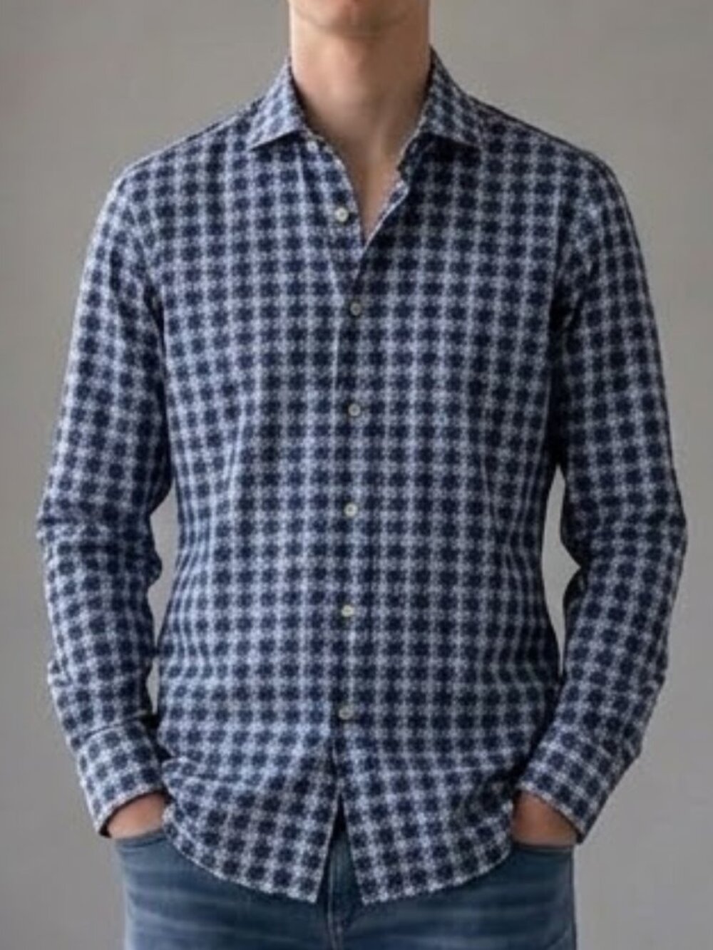 Etro Milano Blue Grey Houndstooth French Cuff Long Sleeve Button Shirt Men's L